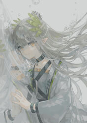 Rule 34 | 1girl, absurdres, arknights, arm support, black choker, choker, coat, collarbone, commentary request, elf, floating hair, grey background, grey hair, grey shirt, hair ornament, highres, infection monitor (arknights), lab coat, laurels, leaf hair ornament, leaning, long hair, looking at viewer, miike (992058), mole, mole under eye, muelsyse (arknights), open clothes, open coat, pointy ears, reflection, reflective water, shirt, smile, solo, very long hair, water, white coat, yellow eyes