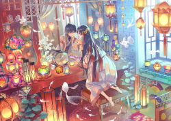 Rule 34 | 1boy, 1girl, architecture, arm support, barefoot, colorful, curtains, den (itokiitoki), different reflection, drawer, dual persona, east asian architecture, egasumi, fabric, fish, fishbowl, flying fish, folding fan, from behind, gender request, genderswap, hairband, hand fan, haori, high collar, highres, indoors, ivy, japanese clothes, kimono, kneeling, lamp, lampion, lantern, leaf, light particles, light smile, long hair, looking at viewer, looking back, mirror, original, paper fan, pointy hair, purple eyes, purple hair, reflection, ribbon, sash, scroll, short hair, smile, soles, stool, tassel, vase, very long hair, window