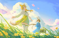Rule 34 | 2girls, amiya (arknights), animal, animal ears, arknights, artist name, beanstalk (arknights), blue eyes, blue ribbon, blue shirt, blue skirt, blue sky, braid, brown hair, bug, butterfly, cloud, flower, flower on head, grass, green ribbon, green shirt, green skirt, hair ribbon, highres, huhv., hyena ears, hyena girl, hyena tail, insect, long hair, long skirt, long sleeves, metal crab (arknights), multiple girls, neck ribbon, outdoors, outstretched arms, pink butterfly, rabbit ears, rabbit girl, red eyes, ribbon, scenery, shirt, skirt, sky, spread arms, sunset, teeth, thighhighs, upper teeth only, very long hair, white thighhighs, wind, yellow flower