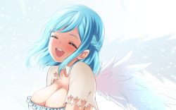 Rule 34 | 1girl, :d, ^ ^, blue hair, blush, braid, breasts, cleavage, closed eyes, collarbone, commentary request, dress, facing viewer, feathered wings, highres, large breasts, long hair, moira (nijisanji), nijisanji, open mouth, round teeth, shirihime, short sleeves, smile, solo, teeth, upper body, upper teeth only, virtual youtuber, white dress, white wings, wings