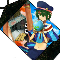 Rule 34 | 1other, androgynous, artist request, column, crack, cracked wall, faceless, globe, green eyes, green hair, hair over one eye, hat, holding, navel, pillar, poncho, short hair, smile, solo focus, tag, vocaloid, wonderland to hitsuji no uta (vocaloid)