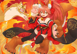 Rule 34 | 1girl, @ @, animal ear fluff, animal ears, animal hands, bell, blush stickers, breasts, cat paws, cleavage, collar, fangs, fate/grand order, fate (series), fox ears, fox tail, gloves, hair ribbon, highres, jingle bell, large breasts, long hair, neck bell, open mouth, paw gloves, paw shoes, pink hair, ponytail, red ribbon, ribbon, shoes, solo, tail, tamamo (fate), tamamo cat (fate), tamamo cat (first ascension) (fate)