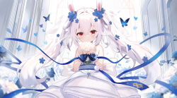 Rule 34 | 1girl, animal ears, azur lane, bare shoulders, blue ribbon, blush, bug, butterfly, closed mouth, dress, eyebrows hidden by hair, flower, gloves, hair between eyes, hair ornament, highres, insect, laffey (azur lane), laffey (white rabbit&#039;s oath) (azur lane), long hair, looking at viewer, rabbit ears, ribbon, solo, twintails, wedding dress, white gloves, white hair, zcx