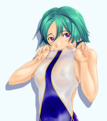 Rule 34 | 1girl, aqua hair, bad id, bad pixiv id, breasts, clothes pull, competition swimsuit, large breasts, looking at viewer, nipples, one-piece swimsuit, one-piece swimsuit pull, see-through, shadow, shoko (moccom), short hair, skindentation, smile, solo, speedo (company), swimsuit