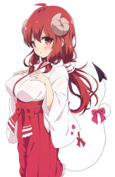 Rule 34 | 1girl, ahoge, alternate costume, blush, breasts, curled horns, demon girl, demon horns, demon tail, hair between eyes, hakama, hakama skirt, hands on own chest, highres, horns, japanese clothes, large breasts, long hair, long sleeves, looking at viewer, machikado mazoku, mel (melty pot), miko, open mouth, red hakama, simple background, skirt, solo, standing, tail, white background, yoshida yuuko (machikado mazoku)