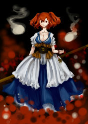 Rule 34 | 1girl, absurdres, breasts, cleavage, coin, dress, female focus, ghost, hair bobbles, hair ornament, highres, large breasts, onozuka komachi, red eyes, red hair, scythe, shigureru, smile, solo, touhou