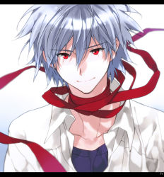 Rule 34 | 10s, 1boy, bad id, bad pixiv id, evangelion: 3.0 you can (not) redo, letterboxed, male focus, nagisa kaworu, neon genesis evangelion, rebuild of evangelion, red eyes, red ribbon, ribbon, short hair, silver hair, smile, solo, spoilers, toujou sakana, upper body