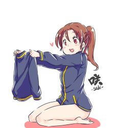 Rule 34 | 1girl, bare legs, barefoot, bottomless, jacket, long sleeves, naked jacket, no pants, saki (manga), takakamo shizuno, track jacket