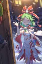 Rule 34 | 1boy, 1girl, \||/, absurdres, al guang, alternate costume, bare shoulders, blurry, building, cape, christmas, depth of field, closed eyes, feet out of frame, front ponytail, gift, gold trim, green hair, grin, hand up, highres, holding, holding gift, kagiyama hina, light blush, light rays, long hair, outdoors, smile, snowflakes, snowing, solo focus, touhou