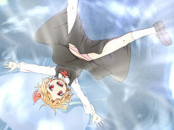 Rule 34 | 1girl, ascot, black dress, blonde hair, dress, female focus, hair ribbon, long sleeves, looking at viewer, open mouth, outstretched arms, panties, pantyshot, red eyes, ribbon, rumia, shirosato, shirt, shoes, short hair, smile, socks, solo, striped clothes, striped panties, touhou, underwear, upside-down, upskirt, white socks