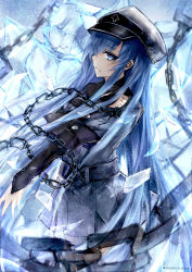 Rule 34 | 10s, 1girl, absurdres, akame ga kill!, belt, blue eyes, blue hair, boots, chain, colored eyelashes, esdeath, has bad revision, has downscaled revision, hat, highres, ice, jomill04, long hair, long sleeves, matching hair/eyes, md5 mismatch, military, military uniform, peaked cap, resolution mismatch, sanae (jomill04), solo, source smaller, thigh boots, thighhighs, uniform, very long hair