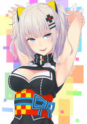 Rule 34 | 1girl, :d, armpits, black dress, blue eyes, blush, breasts, cleavage, cleavage cutout, clothing cutout, dress, hair ornament, hairclip, hands up, kaguya luna, kanden sky, large breasts, long sleeves, looking at viewer, obi, open mouth, purple hair, sash, short hair, smile, solo, the moon studio, twitter username, upper body, virtual youtuber