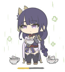 Rule 34 | 1girl, black thighhighs, bow, bowl, braid, brown footwear, chibi, chopsticks, closed mouth, commentary request, food, full body, genshin impact, hair bow, health bar, holding, holding bowl, holding chopsticks, japanese clothes, kimono, long hair, looking away, noodles, nyaru (nyaru 4126), obi, off shoulder, purple bow, purple eyes, purple hair, purple kimono, raiden shogun, sandals, sash, simple background, solo, standing, thick eyebrows, thighhighs, very long hair, white background, zouri