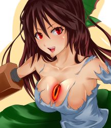 Rule 34 | 1girl, arm cannon, armpits, bow, breasts, brown hair, cleavage, female focus, hair bow, large breasts, long hair, no wings, open mouth, red eyes, reiuji utsuho, shirt, skirt, smile, solo, third eye, torn clothes, torn shirt, touhou, voisu, weapon