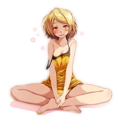 Rule 34 | 1girl, areola slip, bare arms, bare legs, bare shoulders, barefoot, blonde hair, blush, breasts, camisole, cleavage, collarbone, frown, full body, highres, indian style, kagamine rin, looking at viewer, nail polish, orange eyes, orange konkon (module), panties, parted lips, project diva (series), short hair, sitting, small breasts, solo, swept bangs, toenail polish, toenails, tsukishiro saika, underwear, vocaloid, yellow nails, yellow panties