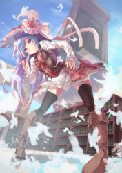 Rule 34 | 1girl, bad id, bad pixiv id, bent over, black thighhighs, blue eyes, blue hair, blue sky, book, bookshelf, boots, bow, bowtie, brown footwear, brown vest, building, choker, collarbone, cross-laced clothes, day, feathers, flower, frilled sleeves, frills, from below, hand on own hip, hat, hat feather, hat flower, hat ribbon, highres, index finger raised, knee boots, long hair, long sleeves, looking at viewer, looking down, matching hair/eyes, original, outdoors, pink ribbon, red bow, red bowtie, red skirt, ribbon, saraki, skirt, sky, skyscraper, solo, standing, thighhighs, very long hair, vest, white skirt, zettai ryouiki