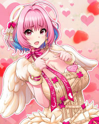 Rule 34 | ahoge, alternate costume, angel wings, blue hair, blush, bow, breasts, choker, cleavage, clothes writing, collarbone, dress, earrings, english text, engrish text, feather earrings, feathered wings, feathers, fingernails, fingers together, gradient background, hair intakes, hair ornament, hands up, heart, heart background, idolmaster, idolmaster cinderella girls, idolmaster cinderella girls starlight stage, index fingers raised, index fingers together, jewelry, lips, looking at viewer, o-ring, o-ring choker, open mouth, pink background, pink bow, pink choker, pink eyes, pink hair, pink ribbon, puffy short sleeves, puffy sleeves, raised eyebrows, ranguage, ribbon, shadow, short hair, short sleeves, solo, tareme, tongue, two-tone background, upper body, wings, yumemi riamu