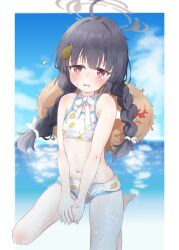 Rule 34 | 1girl, absurdres, ahoge, armpit crease, bare arms, bare legs, bikini, black hair, blue archive, braid, bright pupils, commentary request, flat chest, flying sweatdrops, hair ribbon, halo, hat, hat on back, highres, leaf print, legs apart, long hair, low twin braids, miyu (blue archive), miyu (swimsuit) (blue archive), navel, official alternate costume, red eyes, ribbon, sitting, straw hat, sweatdrop, swimsuit, tareme, tearing up, twin braids, u9ffo, wariza, white bikini, white pupils, white ribbon