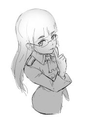 Rule 34 | 1girl, glasses, greyscale, long hair, looking at viewer, military uniform, monochrome, perrine h. clostermann, shiri chin, sketch, solo, strike witches, uniform, world witches series
