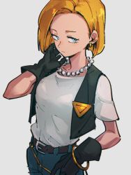 Rule 34 | 1girl, android 18, bead necklace, beads, belt, black gloves, blonde hair, blue eyes, blue pants, bracelet, brown belt, denim, dragon ball, dragonball z, gloves, grey background, jeans, jewelry, kemachiku, looking at viewer, necklace, pants, shirt, short hair, short sleeves, simple background, solo, white shirt