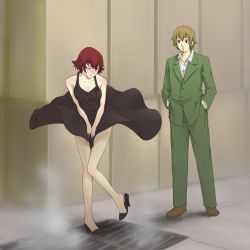 Rule 34 | 1boy, 1girl, baccano!, blood, blush, clothes pull, covering privates, drawfag, dress, dress pull, embarrassed, ennis, firo prochainezo, formal, high heels, homage, homunculus, marilyn monroe, nosebleed, orz (orz57), parody, red eyes, red hair, shoe dangle, shoes, short hair, steam vent, suit, wind, wind lift