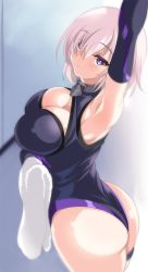 Rule 34 | 1girl, :o, arm up, armpits, ass, backlighting, bare shoulders, blurry, blush, breasts, bright pupils, cle masahiro, cleavage, cleavage cutout, clothing cutout, cowboy shot, depth of field, detached sleeves, elbow gloves, fate/grand order, fate (series), from side, gloves, hair over one eye, holding, holding towel, impossible clothes, impossible leotard, large breasts, legs together, leotard, looking at viewer, looking to the side, mash kyrielight, open mouth, parted lips, pink hair, purple eyes, purple gloves, shiny skin, short hair, skindentation, solo, standing, sweat, thigh strap, towel, tsurime