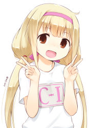 Rule 34 | 10s, 1girl, 2015, :d, blonde hair, blush, brown eyes, clothes writing, dated, double v, futaba anzu, gym uniform, idolmaster, idolmaster cinderella girls, long hair, looking at viewer, low twintails, nagian, open mouth, smile, solo, twintails, v, very long hair