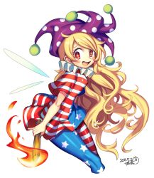 Rule 34 | 1girl, american flag legwear, american flag shirt, blonde hair, blush, breasts, clownpiece, covered erect nipples, dated, dress, fairy wings, from side, hat, iroyopon, jester cap, long hair, looking at viewer, neck ruff, open mouth, pantyhose, polka dot, purple hat, red eyes, shiny clothes, short sleeves, signature, simple background, small breasts, smile, solo, star-shaped pupils, star (symbol), striped clothes, striped dress, swept bangs, symbol-shaped pupils, teeth, thighs, tongue, torch, touhou, very long hair, wavy hair, white background, wind, wings