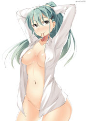 Rule 34 | 10s, 1girl, adjusting hair, arms up, bad id, bad pixiv id, blush, breasts, collarbone, cowboy shot, green hair, kankitsunabe (citrus), kantai collection, large breasts, long hair, long sleeves, mouth hold, naked shirt, navel, nose blush, open clothes, open shirt, ponytail, shirt, simple background, sketch, smile, solo, standing, suzuya (kancolle), twitter username, tying hair, white shirt