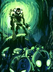 Rule 34 | absurdres, arm cannon, bionicle, claw (weapon), clenched teeth, cmccillustr8, glowing, glowing eyes, green eyes, green theme, highres, holding, holding weapon, horns, humanoid robot, kanohi (bionicle), looking down, mask, red eyes, robot, sharp teeth, slave, teeth, the lego group, weapon, zaktan (bionicle)