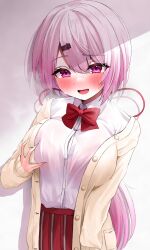 Rule 34 | 1girl, blush, bow, bowtie, cardigan, dress shirt, grabbing own breast, hair between eyes, hair ornament, hair ribbon, hairclip, heavy breathing, highres, k0k0me, long hair, looking at viewer, low ponytail, naughty face, nijisanji, open cardigan, open clothes, open mouth, pink eyes, pink hair, red bow, red bowtie, red ribbon, red skirt, ribbon, shadow, shiina yuika, shiina yuika (1st costume), shirt, simple background, single off shoulder, skirt, sleeves past wrists, sweatdrop, virtual youtuber, yellow cardigan