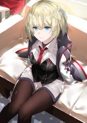 Rule 34 | 1girl, absurdres, azur lane, bataan (azur lane), black pantyhose, blonde hair, blue eyes, closed mouth, collared shirt, commentary, cotton kanzaki, couch, from above, gloves, highres, indoors, jacket, pantyhose under shorts, long sleeves, looking at viewer, necktie, on couch, pantyhose, red necktie, shirt, short hair, shorts, sitting, smile, solo, sunlight, thigh gap, white gloves