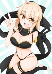 Rule 34 | 1girl, :d, ahoge, bare shoulders, bikini, black bikini, black bow, black gloves, black scarf, black thighhighs, blonde hair, blush, bow, breasts, brown eyes, cleavage, commentary request, double v, elbow gloves, fate/grand order, fate (series), gloves, hair between eyes, hair bow, hands up, highres, koha-ace, large breasts, layered bikini, navel, no shoes, okita j. souji (first ascension) (fate), okita souji (fate), okita souji (koha-ace), open mouth, sakikumo (sakumo), scarf, smile, solo, stirrup legwear, sunburst, sunburst background, swimsuit, thigh strap, thighhighs, toeless legwear, v