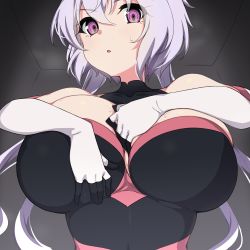 Rule 34 | 1girl, bare shoulders, breasts, cleavage, collar, from below, gloves, highres, huge breasts, kuro mushi, large breasts, long hair, open mouth, purple eyes, senki zesshou symphogear, silver hair, solo, sweat, twintails, upper body, yukine chris