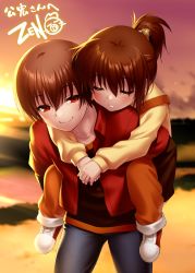 Rule 34 | 1boy, 1girl, absurdres, bell, blush, brother and sister, brown hair, carrying, commission, cowboy shot, closed eyes, hair bell, hair ornament, highres, jacket, jingle bell, little busters!, looking at another, natsume kyousuke, natsume rin, open clothes, open jacket, outdoors, overalls, piggyback, ponytail, red eyes, second-party source, shoes, siblings, signature, skeb commission, sleeping, smile, sneakers, sunset, twilight, aged down, zen (kamuro)