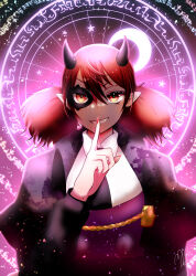 Rule 34 | 1boy, brown hair, crescent moon, grin, highres, horns, ichika392, index finger raised, looking at viewer, magic circle, mairimashita! iruma-kun, monocle, moon, murmur tsumuru, pink background, pointy ears, red eyes, red nails, short twintails, smile, solo, star (symbol), twintails, upper body