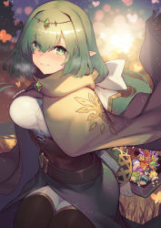 Rule 34 | 1girl, absurdres, arm behind back, belt, book, breasts, circlet, cloak, closed mouth, commentary, cowboy shot, eyelashes, eyes visible through hair, gem, gold trim, green eyes, green hair, hair between eyes, highres, jewelry, long hair, nakamura eight, original, outdoors, pointy ears, puzzle &amp; dragons, shirt, sitting, smile, solo focus, sparkle, taut clothes, taut shirt, thighhighs, thighs