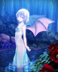Rule 34 | 1girl, bad id, bad pixiv id, bat wings, bush, collarbone, dress, female focus, flower, frills, leaf, light purple hair, limm, mushroom, night, parted lips, partially submerged, red eyes, remilia scarlet, ribbon, short hair, solo, standing, touhou, wading, water, wet, wet clothes, wings