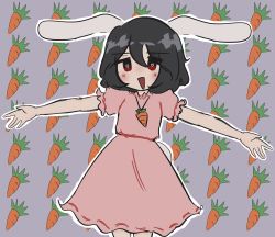 Rule 34 | 1girl, animal ears, bad deviantart id, bad id, black hair, blush, blush stickers, carrot, carrot necklace, dress, frilled dress, frills, heart, heart-shaped pupils, highres, inaba tewi, melansoda, necklace, open mouth, outstretched arms, pink dress, rabbit ears, rabbit tail, red eyes, short hair, short sleeves, spread arms, symbol-shaped pupils, tail, touhou