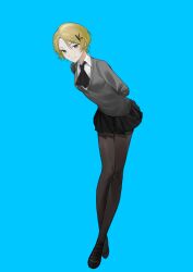 Rule 34 | 1girl, absurdres, arms behind back, ascot, black ascot, black pantyhose, black skirt, blonde hair, blue background, breasts, brown footwear, chinese commentary, closed mouth, collared shirt, commentary request, full body, grey eyes, grey sweater, hair ornament, highres, kyoko (akakikyoko), leaning forward, long sleeves, miniskirt, original, pantyhose, pleated skirt, school uniform, shirt, short hair, simple background, skirt, small breasts, smile, solo, sweater, white shirt