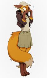 Rule 34 | 1girl, animal ears, baseball cap, black jacket, breasts, brown hat, brown skirt, copyright request, falvie, fox ears, fox tail, furry, furry female, hands up, hat, highres, hood, hooded jacket, jacket, miniskirt, open clothes, open jacket, pleated skirt, shirt tucked in, simple background, skirt, small breasts, snout, solo, standing, tail, white background
