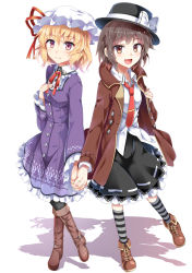 Rule 34 | 2girls, :d, alternate costume, black legwear, blonde hair, blush, boots, brown eyes, brown hair, coat, collared shirt, dress, e.o., hat, highres, holding hands, interlocked fingers, looking at viewer, maribel hearn, mob cap, multiple girls, necktie, open mouth, pantyhose, purple eyes, revision, shirt, short hair, side-by-side, simple background, skirt, smile, socks, striped clothes, striped legwear, striped socks, touhou, trench coat, usami renko