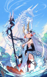 Rule 34 | 1girl, absurdres, bare shoulders, black bridal gauntlets, blue nails, blue sky, blue tail, breasts, bridal gauntlets, brown horns, chinese commentary, cleavage cutout, clothing cutout, commentary, covered navel, dragon girl, dragon horns, dragon tail, dress, feet out of frame, fingernails, giant skeleton, grey hair, grin, hair ornament, halter dress, halterneck, highres, holding, holding staff, horns, hydrokinesis, lanzen wu, light blush, long hair, looking at viewer, medium breasts, mole, mole on armpit, mole under eye, mountainous horizon, orange tail, original, outdoors, pelvic curtain, pointy ears, simple bird, sky, slit pupils, smile, solo, staff, tail, tassel, tassel hair ornament, two-tone tail, wading, water, wet, white dress