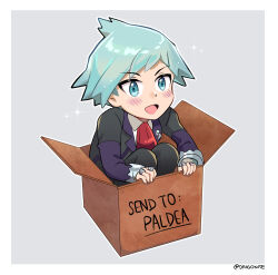 Rule 34 | 1boy, :d, black jacket, blush, border, box, cardboard box, collared shirt, commentary request, creatures (company), english text, game freak, goro orb, green eyes, green hair, grey background, highres, in box, in container, jacket, jewelry, long sleeves, male focus, necktie, nintendo, open mouth, pokemon, pokemon oras, red necktie, ring, shirt, short hair, smile, solo, sparkle, squatting, steven stone, twitter username, watermark, white border, white shirt