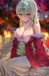 Rule 34 | 1girl, :o, autumn leaves, bare shoulders, between legs, blush, breasts, cleavage, collarbone, falling leaves, feet out of frame, green hair, grey hair, hair ornament, hairclip, hand between legs, heaven burns red, highres, japanese clothes, large breasts, leaf, long hair, looking at viewer, maple leaf, multicolored hair, night, off shoulder, open clothes, outdoors, parted lips, purple eyes, sitting, solo, sonchi, two-tone hair, wet