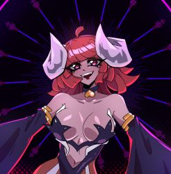 Rule 34 | 1girl, bare shoulders, black background, breasts, choker, clothing cutout, collarbone, detached sleeves, highres, horns, jun-kou, la pucelle, large breasts, leotard, long hair, maou prier, medium hair, mole, mole under eye, navel, navel cutout, open mouth, prier, red eyes, red hair, revealing clothes, slit pupils, smile, solo, teeth, upper body, upper teeth only