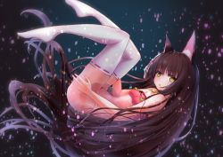 Rule 34 | 1girl, :o, animal ear fluff, animal ears, azur lane, bare shoulders, black hair, breasts, fetal position, floating hair, full body, lingerie, long hair, looking at viewer, nagato (azur lane), nagato (great fox&#039;s respite) (azur lane), no shoes, panties, parted lips, plantar flexion, see-through, side-tie panties, small breasts, solo, thighhighs, thighs, underwear, very long hair, west 24, white thighhighs, yellow eyes