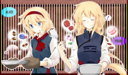 Rule 34 | 2girls, alice margatroid, baking, blonde hair, blue dress, blue eyes, blush, bowl, breasts, candy, character name, checkerboard cookie, chocolate, collared shirt, cookie, cooking, dress, closed eyes, faech, food, headband, highres, holding, long hair, long sleeves, macaron, multiple girls, musical note, oven mitts, patterned background, shirt, short hair, sleeves rolled up, smile, spoken musical note, steam, tabard, touhou, white dress, yakumo yukari
