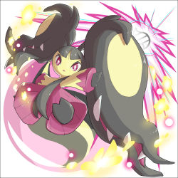 Rule 34 | 2ja t, bright pupils, commentary, creatures (company), energy, extra mouth, full body, game freak, gen 3 pokemon, highres, iron head (pokemon), jumping, looking at viewer, mawile, mega mawile, mega pokemon, nintendo, outstretched arms, parted bangs, parted lips, pokemon, pokemon (creature), purple eyes, sharp teeth, solo, teeth, toes