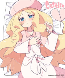 Rule 34 | 1girl, blonde hair, blue eyes, blush, caitlin (pokemon), character name, collared dress, creatures (company), dress, eromame, game freak, hat, long hair, long sleeves, looking at viewer, lying, nintendo, on back, parted bangs, pokemon, pokemon bw, see-through, solo, twitter username, very long hair, white dress, white hat, wide sleeves